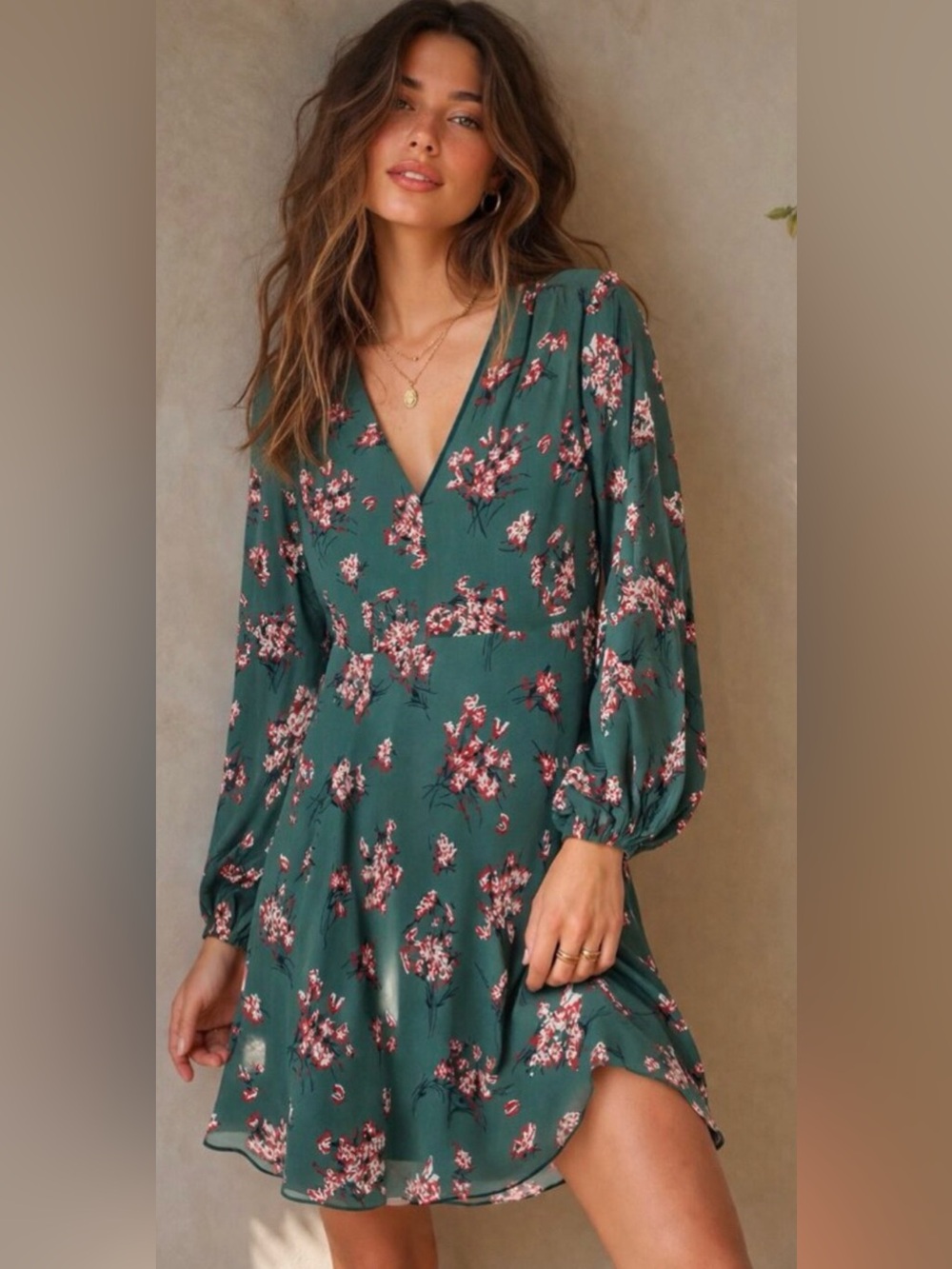 Madewell Marguerite Teal Floral V-Neck Long Sleeve Dress size 14